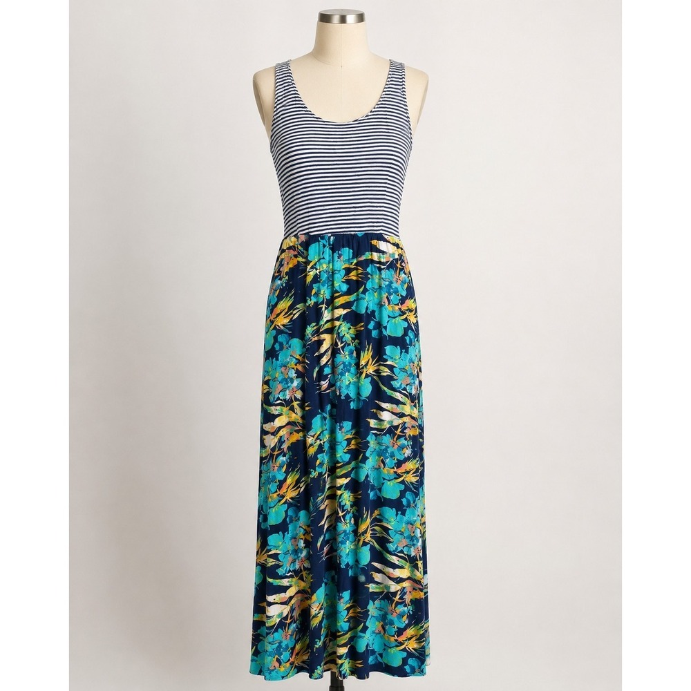 Mudd XS Striped Floral Maxi‎ Dress Cross Back Sleeveless Navy Blue Tropical
